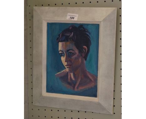 Angela Munslow (British, 20th/21st Century) - 'Portrait of a young woman', oil on board, signed with initials, label verso, f
