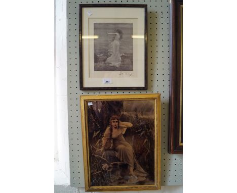 A Victorian crystolia depicting a Art Nouveau girl in landscape scene, together with a signed print.
