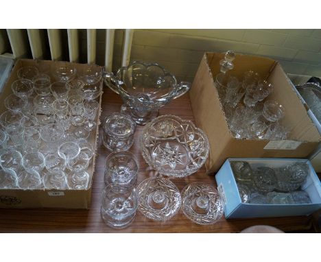 A mixed lot of assorted glassware to include decanter, wine glasses, ink wells etc.