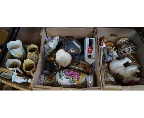 Three boxes of assorted ceramics to include Poole pottery vase, Doulton character jug, etc.