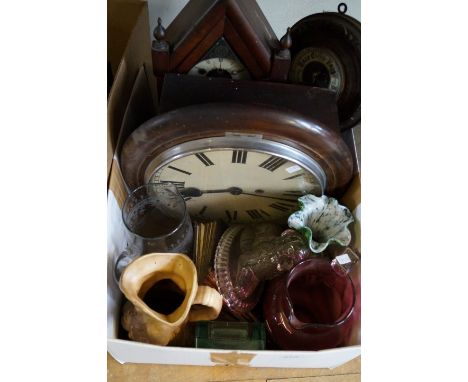 A mixed lot of assorted items to include a circular dial wall clock, gothic revival mantel clock, circular barometer, etc.