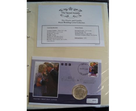 A coin album with collection of first day and silver medals to commemorate the wedding of Prince Charles and Camilla Parker-B