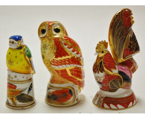 Three Royal Worcester Connoisseur Collection desk ornaments to include Imari cockerel, tawny owl, and bluetit