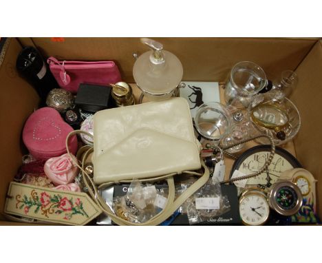 A box of miscellaneous items to include Old Tupton ware mantel clock, various costume jewellery etc