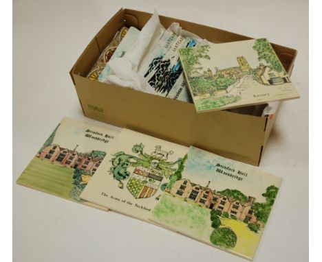 A collection of assorted modern ceramic tiles depicting various local scenes to include Seckford Hall at Woodbridge, and Kers