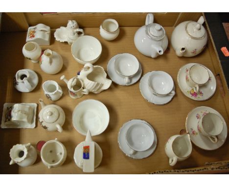 A box of miscellaneous china wares to include two Victorian child's part tea services and crested cabinet wares by various fa