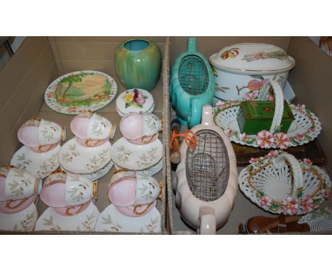 Two boxes of miscellaneous items to include; two stoneware boat shaped flower posies, Worcester Evesham pattern tureen and co