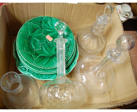 A box of miscellaneous china and glasswares to include 19th century triple ring necked decanter and stopper, Victorian strawb