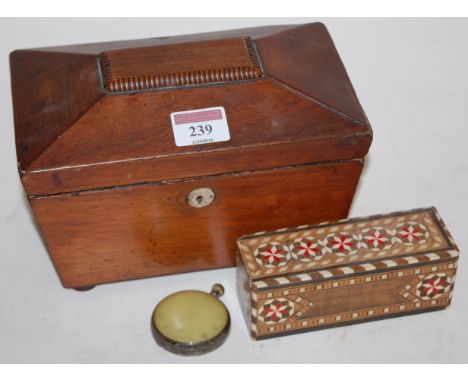 A Regency rosewood tea caddy of sarcophagus form and contents to include 19th century silver cased open faced pocket watch, f
