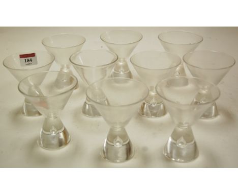 A set of ten Steuben conical glasses, each signed verso with canvas outer bag