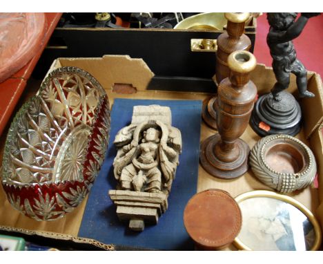 A box of miscellaneous items to include an early 20th century spelter model of a musician, 19th century portrait print overla