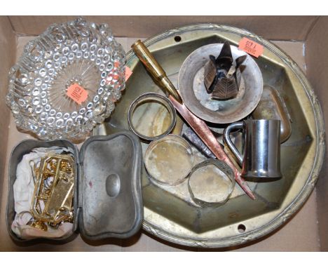 A small collection of miscellaneous items to include silver napkin ring, glass ashtray, pewter trinket jar etc