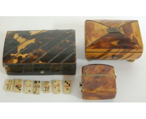 A 19th century tortoiseshell and white metal trinket jar and cover in the form of a Regency tea caddy together with one other