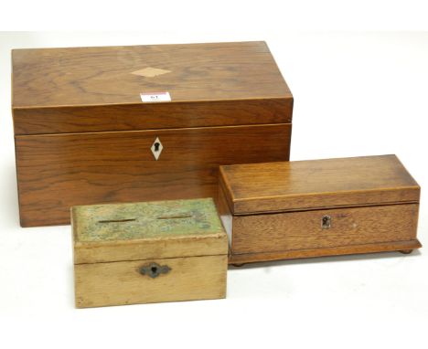 A George III rosewood tea caddy of plain rectangular form, with later fitted interior; together with a Victorian oak box; and
