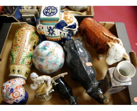 A box of miscellaneous items to include large Melba figure of a rhino together with a similar figure of a bull, Imari style f