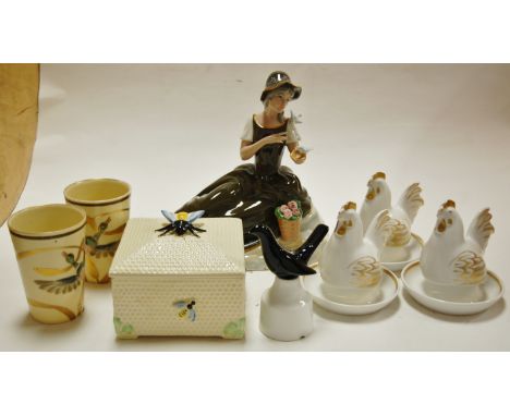 A  set of three Royal Worcester eggcup and  covers together with a Royal Worcester pie funnel , Spanish figure of a girl, and