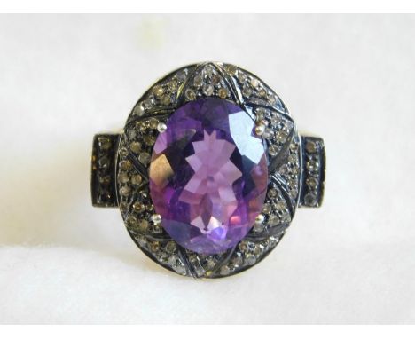 Amethyst & diamond 2 colour gold cluster ring-size O½ 