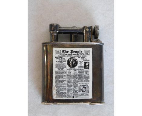 1930 Novelty silver cased Classic lighter by F.W.R. with enamel 'The People' newspaper with headline 'Diamond Gangs Amazing C