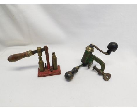 Early brass and steel shot gun cartridge compresser + pillar type cartridge gun tool 