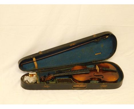 c.1900 Violin with 2 piece back in case with bow -bears a Stradivarius label inside -length 59cm (23¼")