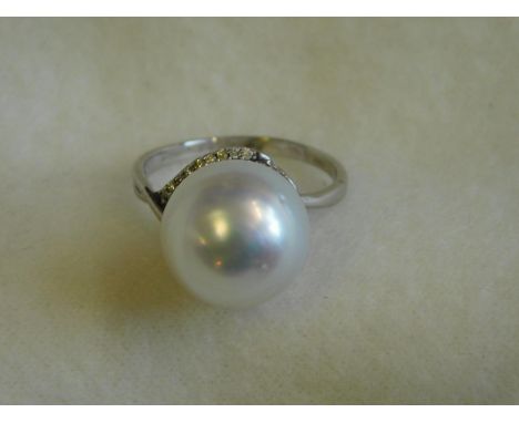 9ct gold (12mm) pearl & diamond ring-size K½ 