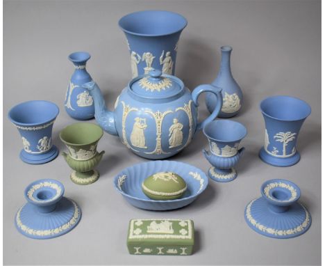 A Collection of Various Wedgwood Jasperware to comprise Vases, Candleholders, Lidded Boxes Etc together with a Dudson Jasperw