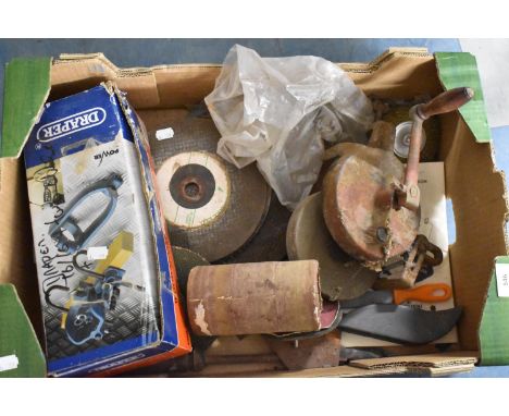 A Box of Vintage Tools, Grinding Wheels etc 