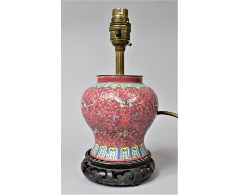 A Chinese Vase Shaped Table Lamp on Pink Ground, Set on Pierced Circular Base and Having Brass Light Fitting, 25cm Total Heig