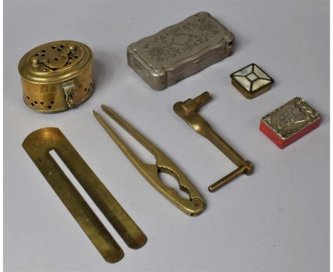 A Collection of Brassware to Include Pierced Oval Box, Clock Key, Nutcrackers, Button Cleaning Guard 