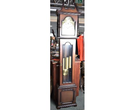 A 20th Century Mahogany Cased Longcase Clock Having Scrolled Pediment with Central Finial, Dial Inscribed 'Tempus Fugit' 