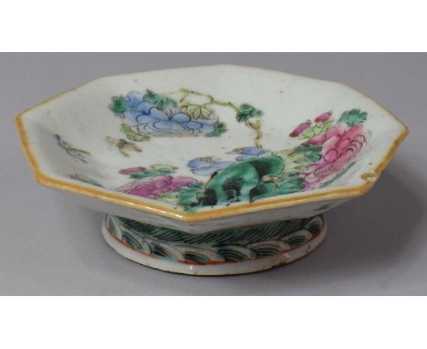 A 19th Century Chinese Footed Dish of Octagonal Form in Famille Rose Pallette Finely Decorated with Bids in Foliage, Tongzhi 