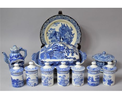 A Collection of Various Blue and White to comprise Seven Spode Blue Room Collection Spice Pots, Copeland Spode Italian Patter