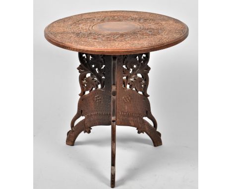 An Intricately Carved Indian Circular Topped Table on Folding Tripod Support, 46cm Diameter 