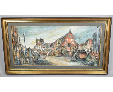 A Large Gilt Framed Acrylic, Old Newport Market, 95x43cm Signed Alan R 