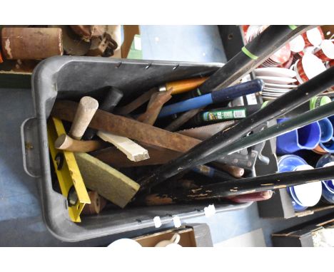 A Box Containing Various Tools to Include Saws, Lawn Edger, Pruner, Hammers etc 