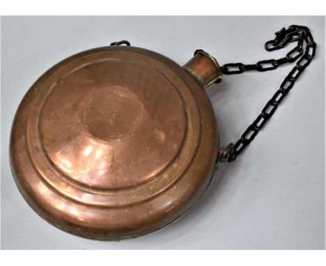 A Copper Circular Flask on Metal Chain, 20cm diameter 