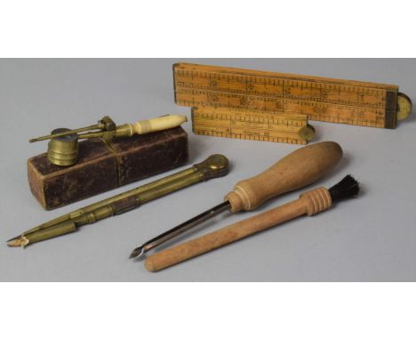 A Boxed 19th Century Field Microscope, Two Folding Rulers, Compass, Brush etc 