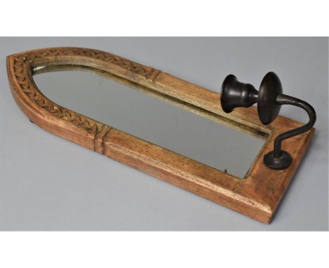 A Wall Hanging Mirror in Arched Wooden Frame with Base Candlestick, 34cm High 