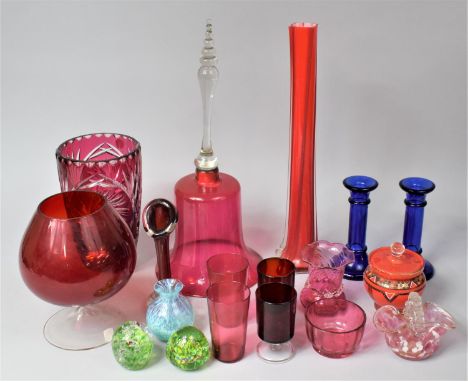 A Collection of Various Coloured Glassware to comprise Large Cranberry Glass Bell, Cranberry Glass Vase, Ruby Glass Vase, Art