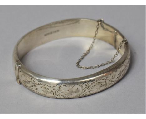 A Silver Bangle by RPH, Bright Cut Decoration with Safety Chain, Birmingham Hallmark 
