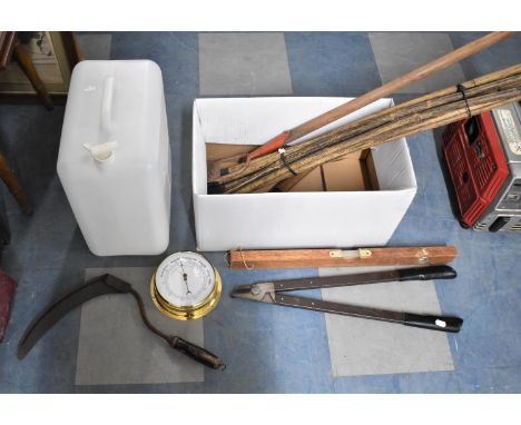 A Collection of Garden Tools, Spirit Level, Wall Clock etc 