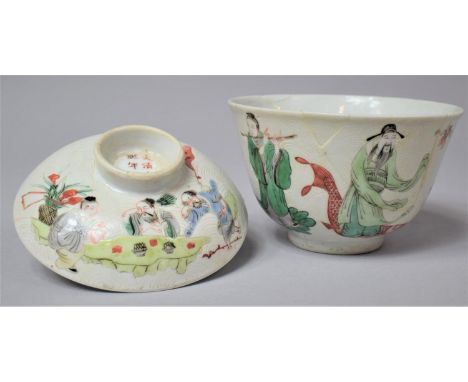 A Chinese Cup and Cover with Finely Painted Figures of Traveling Immortals to Include Kinkô Riding Carp in the Famille Vert P