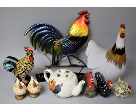 A Collection of Various Chicken and Cockerel Ornaments to comprise Large Ceramic Hen, Metal Cockerel Welcome Sign, Hen Teapot