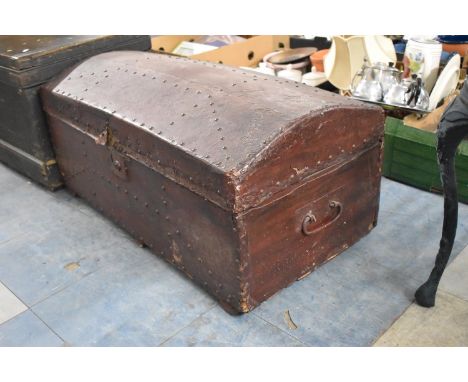 A 19th Century Leather Covered Wooden Travelling Trunk with Brass Studs and Dome Top, 82cm Wide 