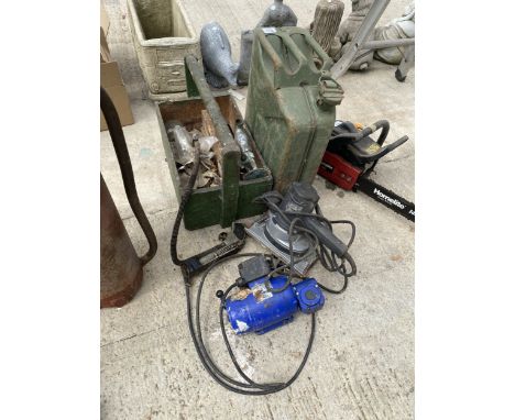 AN ASSORTMENT OF ITEMS TO INCLUDE AN ELECTRIC SANDER, A JERRY CAN AND A SMALL MOTOR ETC