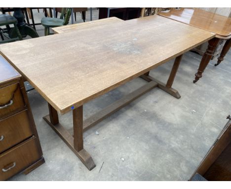 AN OAK HEALS STYLE REFECTORY DINING TABLE ON TWIN PILLARED LEGS AND SLEDGE FEET, 72" X 30"