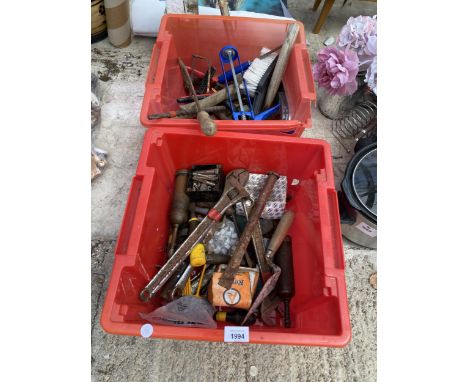 A COLLECTION OF HAND TOOLS TO INCLUDE AN ADJUSTABLE SPANNER, A GREASE GUN AND DRILL BITS ETC