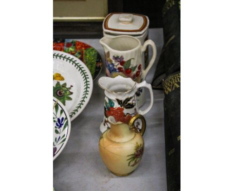 THREE JUGS AND ONE COFFEE JAR OF VARIOUS DESIGNS, TO INCLUDE ROYAL WORCESTER, OLD FOLEY ETC