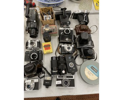 A LARGE COLLECTION OF VINTAGE CAMERAS TO INCLUDE, ZEISS IKON, CANON, BEIRETTE, LENSES, A SONY CAMCORDER, ETC