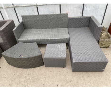 AN ASSORTMENT OF RATTAN GARDEN FURNITURE TO INCLUDE TWO BENCHES AND TWO FOOT STOOLS